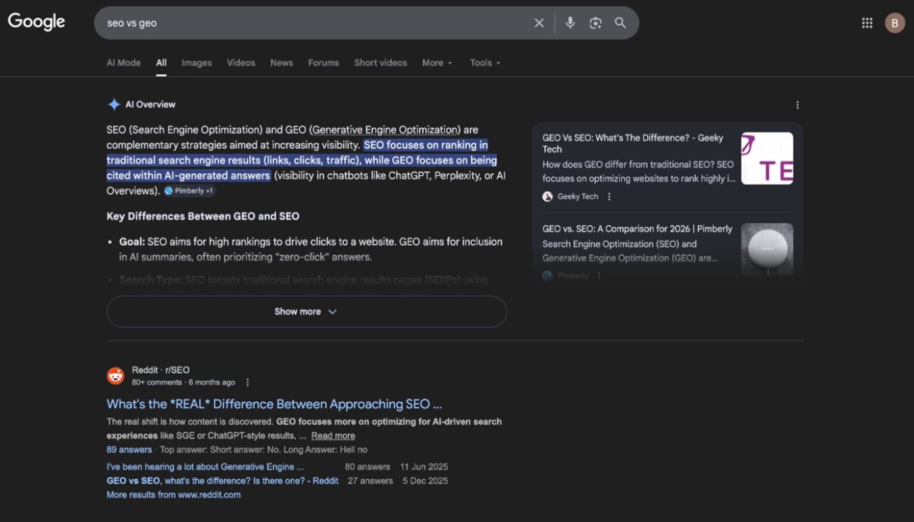 Google search results page for SEO vs GEO showing AI Overview summary above traditional organic listings