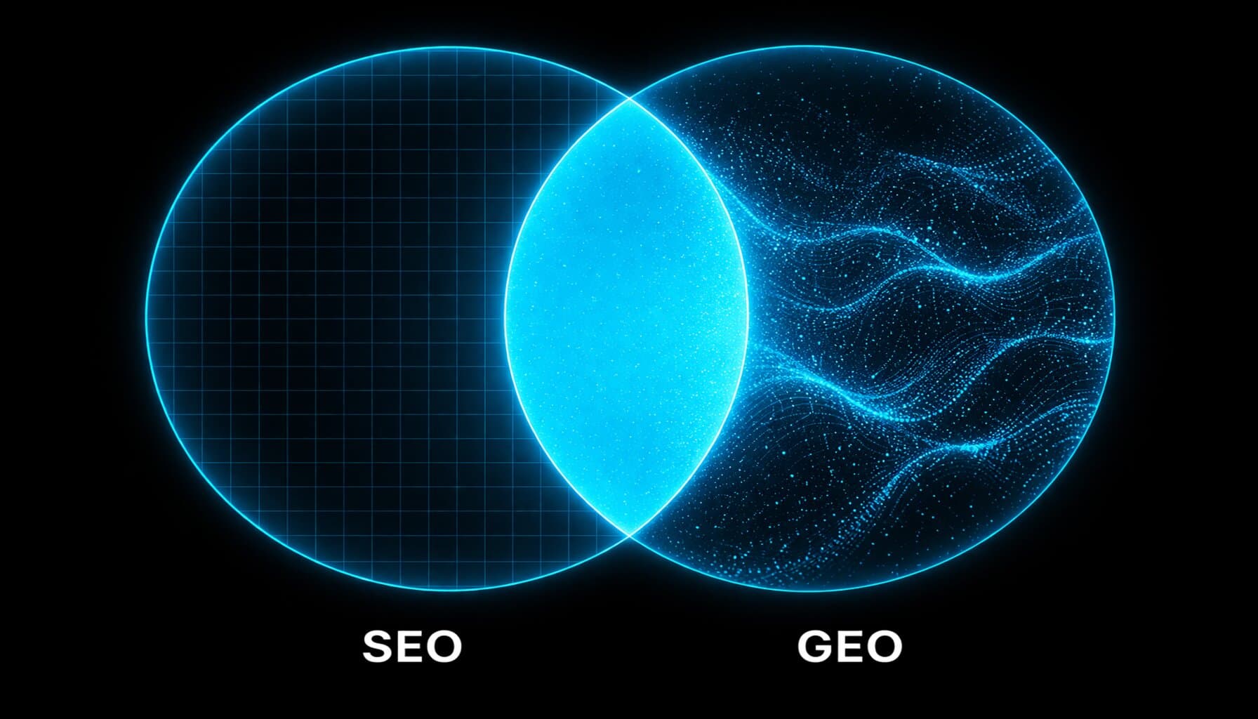 Venn diagram showing the overlap between SEO and GEO with shared foundations highlighted in the centre
