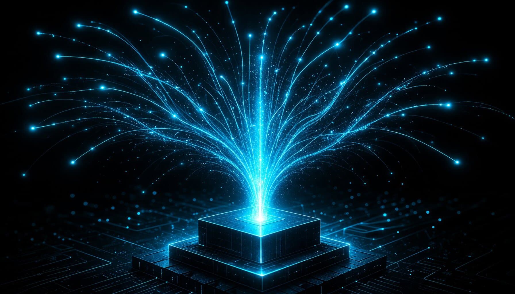 Cyan signal beam rising from a solid technical foundation representing search visibility across both traditional and AI channels